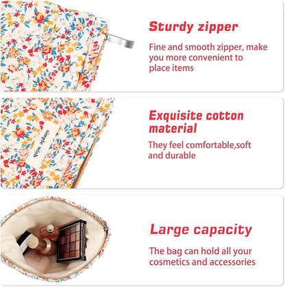 Cotton Quilted Makeup Bag for Women Coquette Floral Cosmetic Bag Cute Zipper Cloth Makeup Pouch for Purse Trendy Aesthetic Orange Flower Makeup Bag Travel Skincare Toiletry Bag Organizer