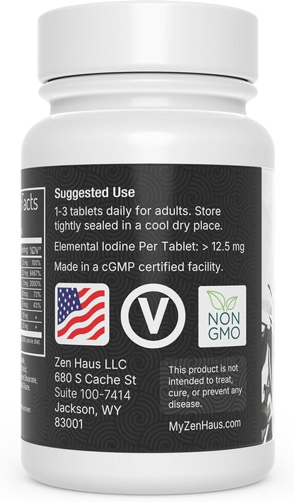 Zen Haus Iodine Supplement 12.5 mg with Selenium (as Selenomethionine) and More - 200 Tablets - Thyroid Plus Immune Support - High Potency Iodine Tablets - Compare to Lugol's Iodine Pills