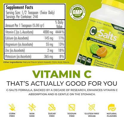 4000mg Vitamin C Powder Supplement - 100% Pure Buffered Powdered Drink w/Ascorbate C - Immune Support, Stomach-Friendly Absorption, Organic, Vegan, Sodium & Sugar-Free, Lemon Lime 26oz