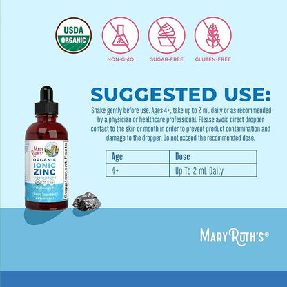 MaryRuth Organics Zinc Supplements for Immune Support, Liquid Zinc Supplement, Immune Support Supplement for Kids, Ages 4-13, Zinc Sulfate, Vegan, USDA Organic, Glycerin Based, 2 Fl Oz