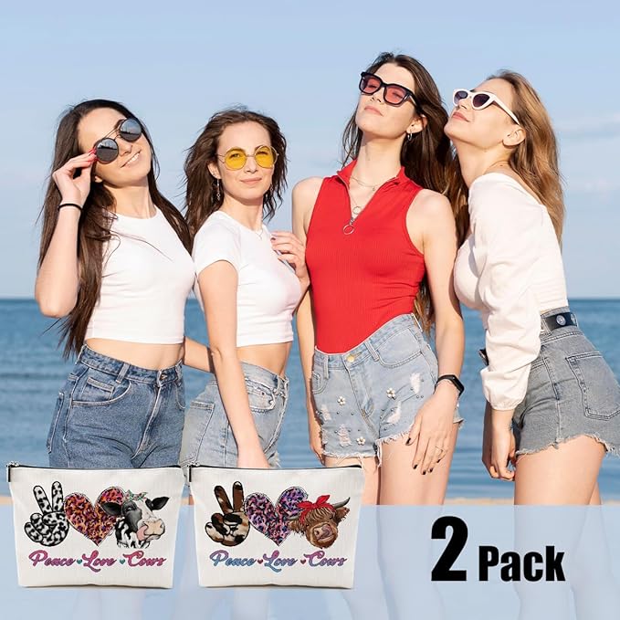 2pcs Funny Print Cow Stuff Western Makeup Bag, Cows Cosmetic Bag Cow Gifts for Women Female Girls Sister BFF, Christmas Birthday Gift, Western Stuff Travel Toiletry Bags
