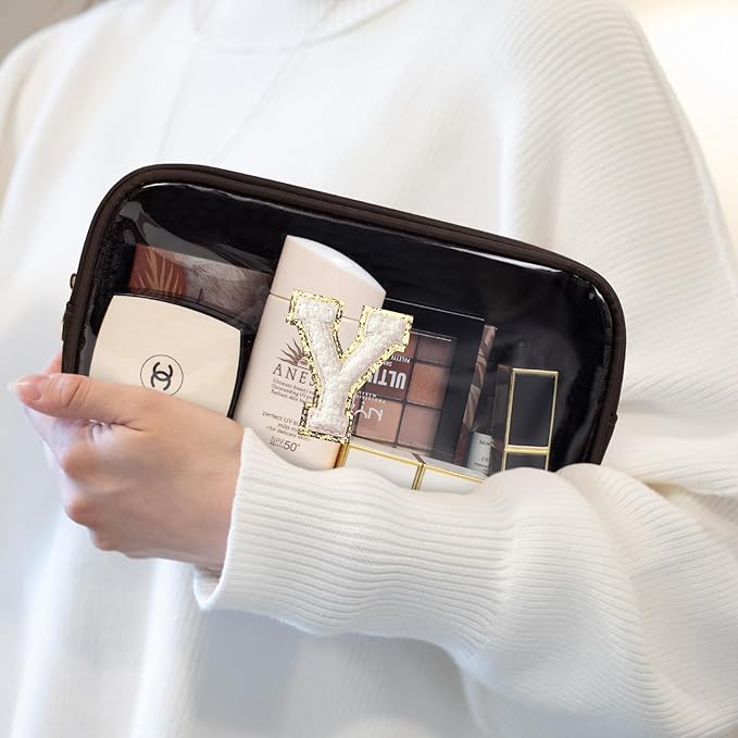 Preppy Makeup Bag,Personalized Initial Makeup Bags with Zipper, Clear Makeup Bag Small Cosmetic Bags,Nylon Travel Toiletry Bag Travel Essentials,Birthday Gift For Men Preppy Things For Boys(Coffee, Y)