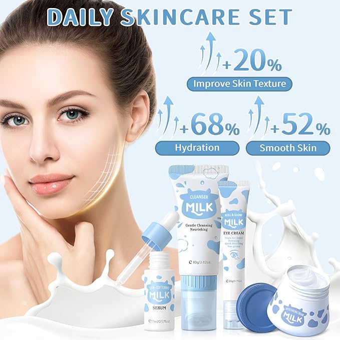 Skin Care Routine Set For Girls, Anti Aging Milk Skin Care Set With Cleanser, Serum, Cream, Eye Cream For Acne, Shrink Pores, Face Skincare Travel Kit With Hyaluronic Acid For Women, Daily Care
