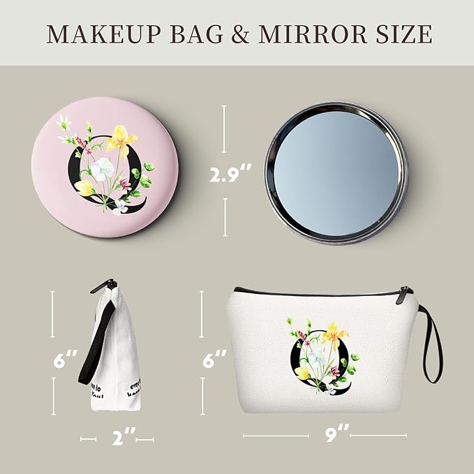 SEAMOON Women Birthday Unique Initial Funny Gifts for Teenage Girl Sister Friends Bridesmaid Personalized Travel Make up Cosmetic Bag with Mirror Valentines Mothers Day Christmas Graduation Q