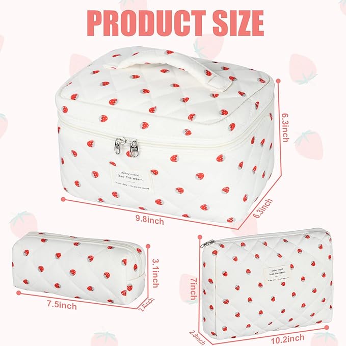Quilted Makeup Bag Set, 3Pcs Large Checkered Corduroy Cosmetic Bags, Cute Coquette Makeup Bag Toiletry Zipper Pouch Bag for Women and Girls Checkered
