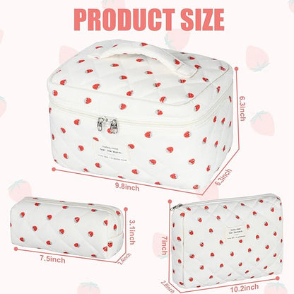 Quilted Makeup Bag Set, 3Pcs Large Checkered Corduroy Cosmetic Bags, Cute Coquette Makeup Bag Toiletry Zipper Pouch Bag for Women and Girls Checkered