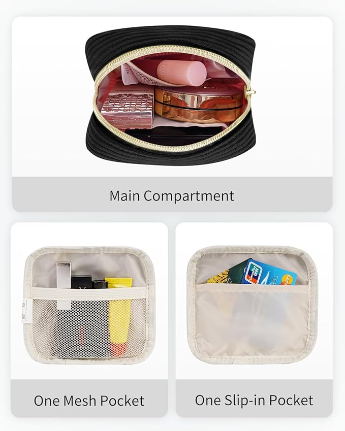 Wandering Nature Small Makeup Bag for Purse Mini Make up Pouch Cute Cosmetic Pouch for Women with Slip-in Pockets Corduroy, Black