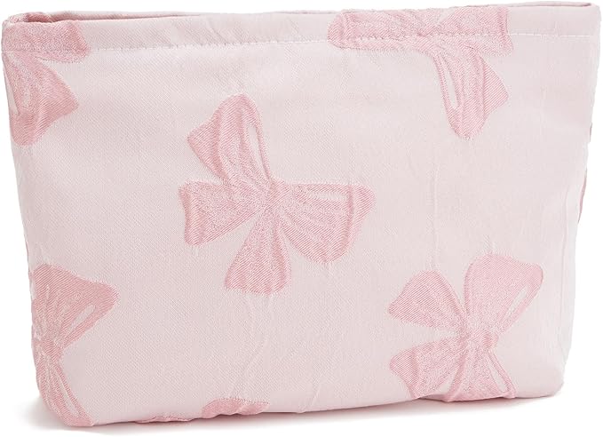WOZEAH Makeup Bag for Purse Small Cosmetic Pouch,Stylish Zipper Make up Pouch Travel Canvas Toiletry Bags(Pink Bow)