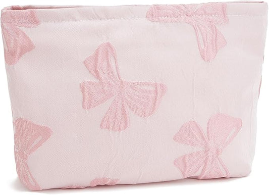 WOZEAH Makeup Bag for Purse Small Cosmetic Pouch,Stylish Zipper Make up Pouch Travel Canvas Toiletry Bags(Pink Bow)