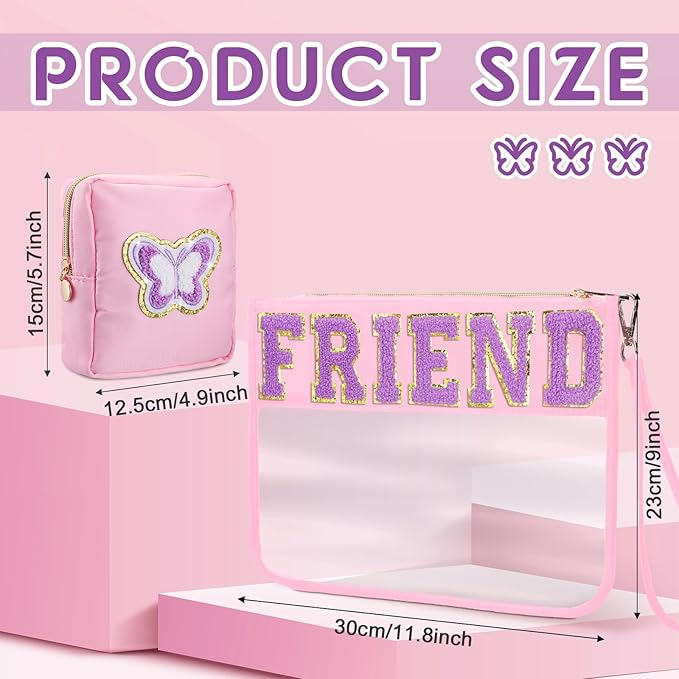 Hillban 2 Pcs Friends Makeup Cosmetic Bag Friendship Gifts for Women Chenille Letter Bag Clear Toiletry Pouch Travel Purse with Zipper Friendsgiving Birthday Gift