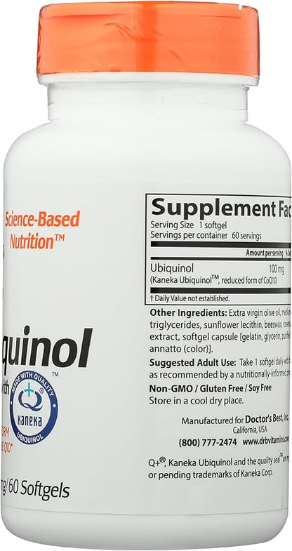 Doctor's Best Ubiquinol with Kaneka QH, Healthy Heart, Enhances Cellular Energy, Antioxidant, Non-GMO, Gluten Free, Soy Free, 100 Mg