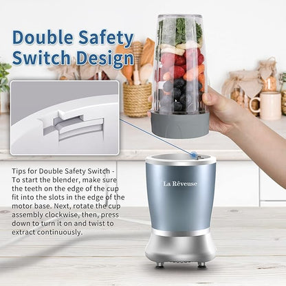 La Reveuse Personal Size Blender 250 Watts Power for Shakes Smoothies Seasonings Sauces with 1 Piece 15 oz Cup,1 Piece 10 oz Mug,BPA-free (Pearl Blue)