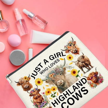 Highland Cows Gifts Makeup Bag Cow Lover Gifts for Women Girls Just a Girl Who Loves Highland Cows Zipper Makeup Pouch
