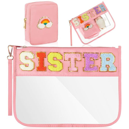 Hillban 2 Pcs Big Sister Gifts from Sister Chenille Letter Bags Preppy Makeup Cosmetic Bag Clear Toiletry Travel Pouch PVC Waterproof Purse Graduate Gift for Friends Women Birthday Souvenir