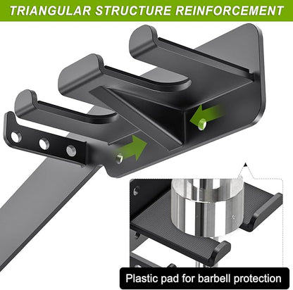 Wall Mounted Weight Plate Rack, Heavy Duty Olympic Barbell Holder & T Bar Row Landmine Attachment, 6 Hook Holes, 5 Pegs & 4 Barbell Storage, Space-Saving Home Gym Organizer