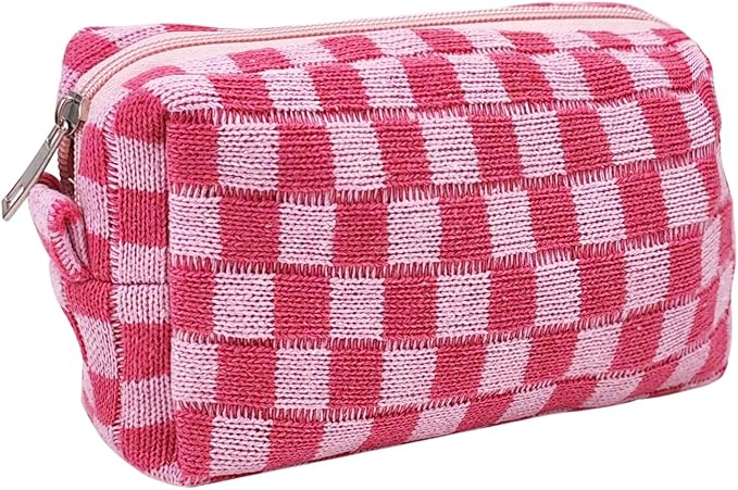 Small Cute Checkered Makeup Bag - Portable Cosmetic Pouch with Zipper, Travel Toiletry Bag, Purse Organizer, Beauty Storage, Pink