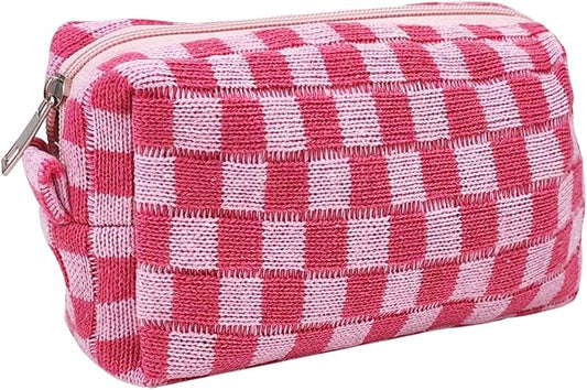 Small Cute Checkered Makeup Bag - Portable Cosmetic Pouch with Zipper, Travel Toiletry Bag, Purse Organizer, Beauty Storage, Pink
