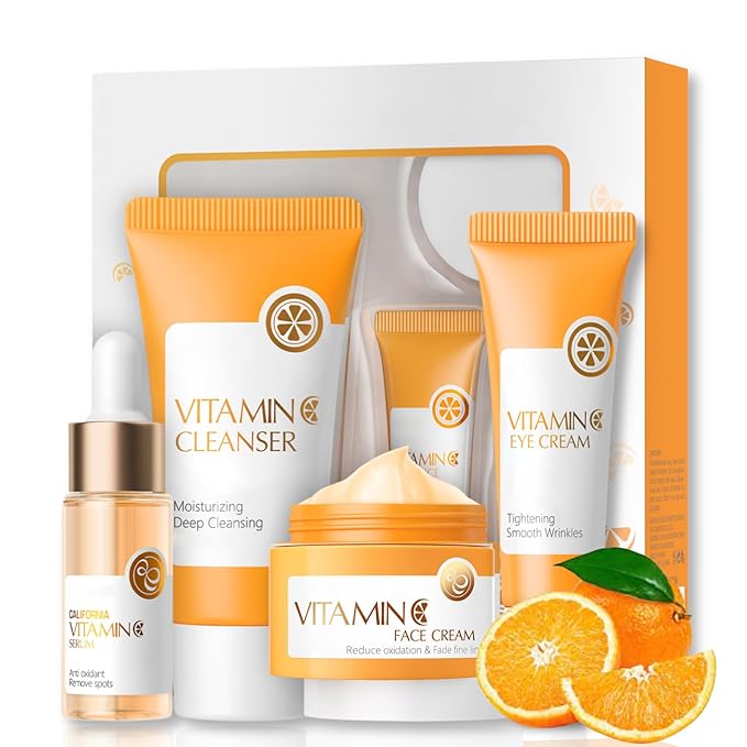 Vitamin C Skincare Set Teen Girls Gifts - Skin Care Set -Travel Size Facail Kit - Skincare for Girls 10-12 Hydrate,Firm,Smooth - Skin Care Kit with Cleanser,Serum,Face Cream,Eye Cream (4pcs)