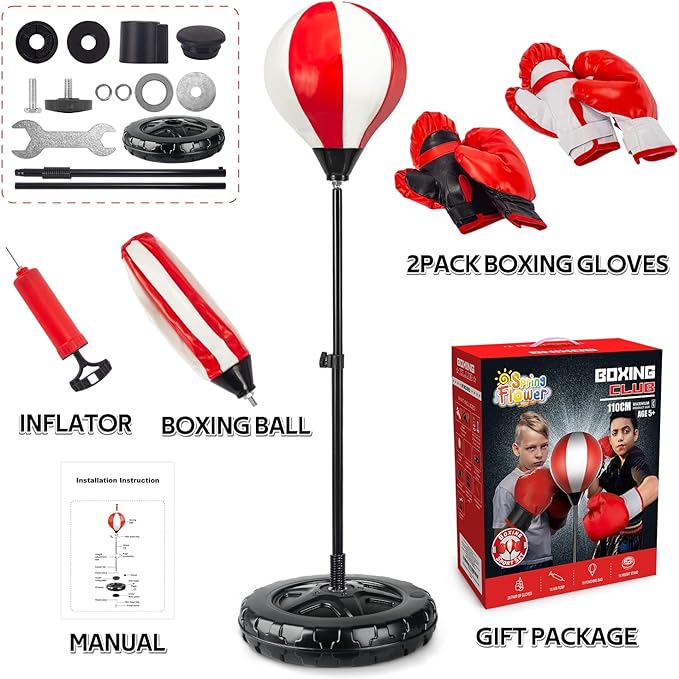 Springflower Big Punching Bag for Kids Included 2 Pack Boxing Gloves, Boxing Toys for Boys, Boxing Bag Sets with Height Adjustable Stand, for Boys & Girls Age 5 6 7 8 9 10 Years Old
