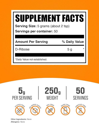 BulkSupplements.com D-Ribose Powder - D-Ribose Supplement, Ribose 5000mg, for Energy Support - Unflavored & Gluten Free, 5000mg per Serving, 250g (8.8 oz) (Pack of 1)