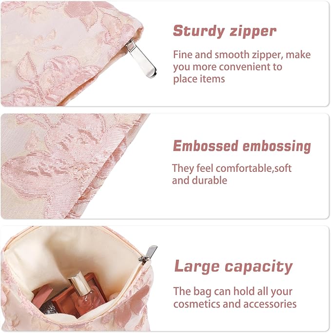 Flower Makeup Bag Travel Large Floral Cosmetic Bags for Women Cute Makeup Pouch Zipper Cosmetic Pouch for Purse Embossed Pink Aesthetic Make up Organizer Bag Portable Toiletry Bag