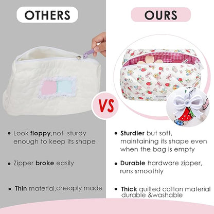 Quilted Makeup Bag, Handmade Strawberry Cosmetic Bag Pencil Case Coquette Aesthetic Floral Makeup Organizer Bag, Travel Skincare Toiletry Brushes Organizer(White Berries)