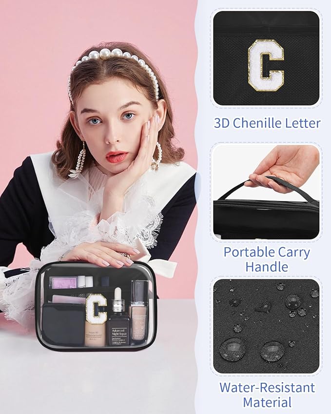 Wandering Nature Clear Makeup Bags 2 Pack Personalized Initial Makeup Pouch Preppy Small Cosmetic Pouch Organizer Travel Toiletry Bag, Birthday Gifts for Girlfriend Women