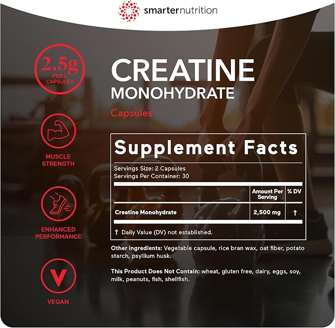 Smarter Nutrition Creatine Monohydrate Pills with 2500mg (2.5g) Per Serving, Vegan Capsules - Pre & Post Workout Recovery Support, Promotes Muscle Mass &. Endurance - 60 Count[30-Day Supply]
