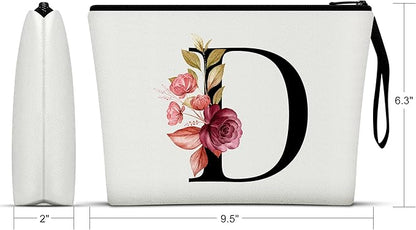 Vavabox A-Z Personalized Makeup Bag, Birthday Gifts for Women Mom, Gifts for Best Friend, Bride Bridesmaid Cosmetic bag (D, White)