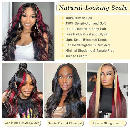 FABA Skunk Stripe Wigs Black Red Blonde Highlights Wig Human Hair 32 inch 13x4 HD Lace Front Human Hair 180% Density Black and Red Wig Highlight Body Wave Pre Plucked with Baby Hair