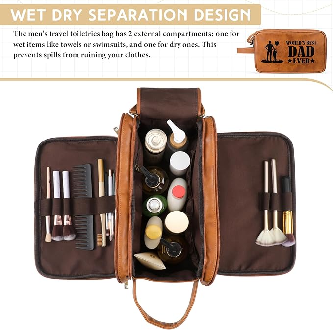 Retirement Gifts Toiletry Bag for Men PU Leather Men's Toiletry Travel Bag Large Shaving Kit Bag Water Resistant Cosmetic Bag Pouch for Groom Bathroom Traveling(Father)