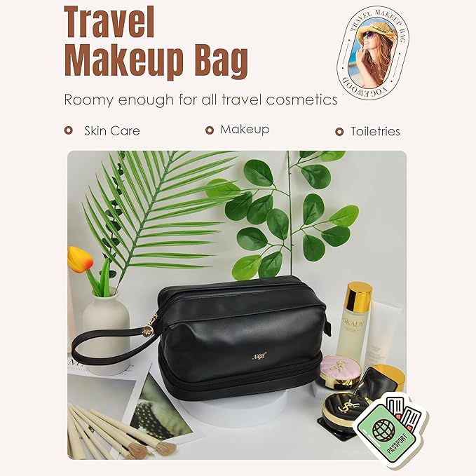 NGIL Faux Leather Cosmetic Bag for Women, Makeup Bag Organizer, Makeup Brush Storage, Portable Travel Bag for Toiletries (Solid, Black, Medium)
