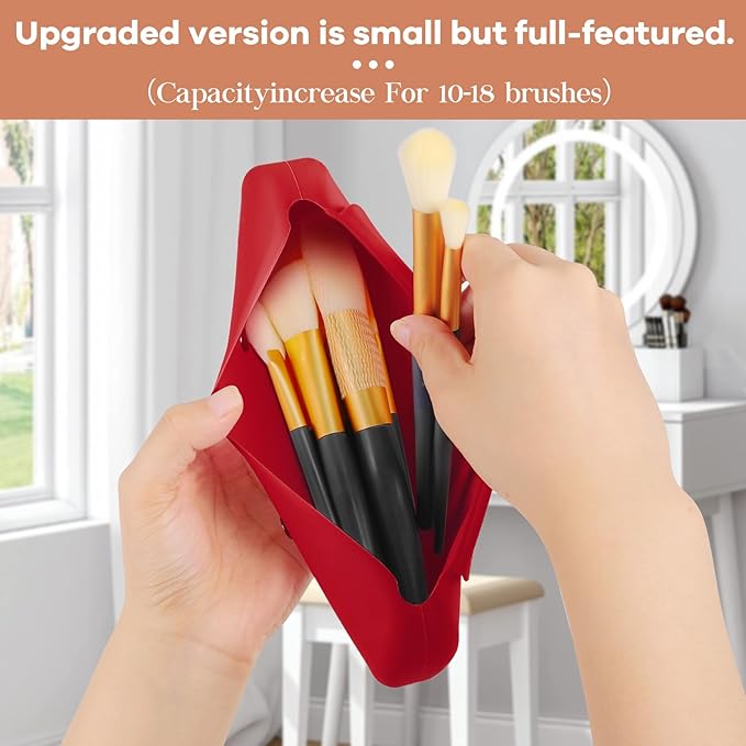 Travel Makeup Brush Holder，Silicone Makeup Brush Holder ，Portable Cosmetic Organiser with Two Upgraded Anti-fall Off Magnetic Clips ， foldable, large capacity-Red