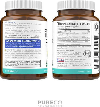 Organic Liver Cleanse Detox & Repair (Vegan, Non-GMO) Milk Thistle Extract (80% Silymarin), Dandelion Root, Artichoke Leaf, Yellow Dock - Liver Health Support Supplement - 60 Capsules (No Pills)