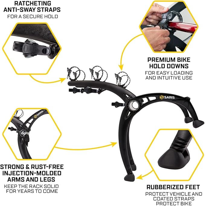 Saris Bones EX 3-Bike Trunk Rack Bicycle Carrier, Durable, Rust-Free, Anti-Sway Straps, Fits Most Vehicles, Made in USA, Arc-Based Design, 100% Recyclable Materials
