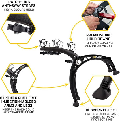 Saris Bones EX 3-Bike Trunk Rack Bicycle Carrier, Durable, Rust-Free, Anti-Sway Straps, Fits Most Vehicles, Made in USA, Arc-Based Design, 100% Recyclable Materials