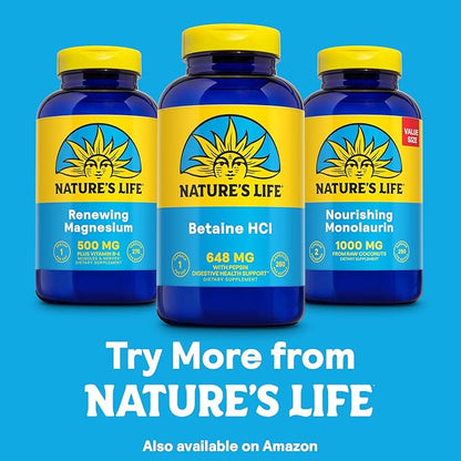 NATURE'S LIFE Betaine HCL with Pepsin - Digestive Health Formula with Digestive Enzymes for Gut Health Support - High Potency Hydrochloric Acid Supplement, 60-Day Guarantee, 250 Servings, 250 Capsules