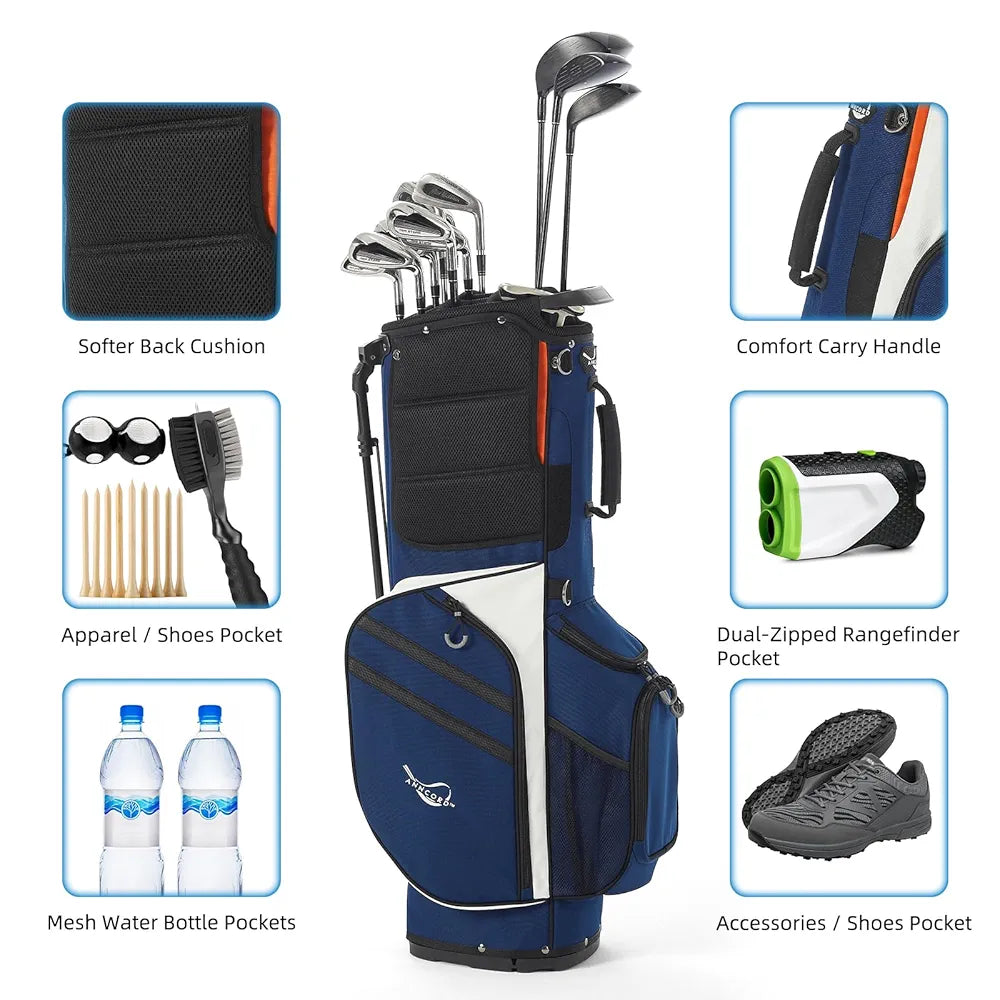 Golf Stand Bag 14 Way Top Dividers Full-Length with Stand, 7 Pockets, Lightweight Golf Bag for Men, Dual Strap, Rain Hood, Portable Golf Club Bag for Men Women
