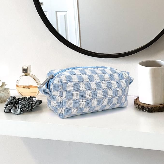 Small Cute Checkered Makeup Bag - Portable Cosmetic Pouch with Zipper, Travel Toiletry Bag, Purse Organizer, Beauty Storage, Blue