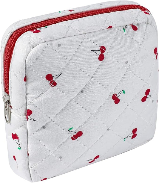 Small Quilted Cotton Makeup Bag for Purse, Cosmetic Bag with Compartments, Cotton Aesthetic Makeup Bag, Travel Toiletry Pouch, Key Pocket Lipstick Bag Card Holder Data Cable Organizer（07Cherry）