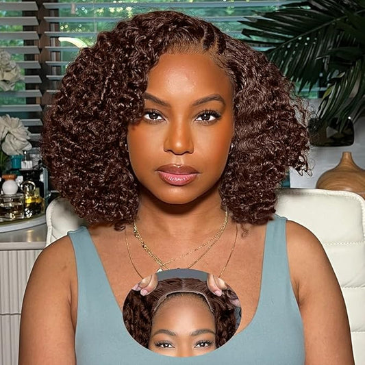 FABA Chocolate Brown Curly Wig Human Hair 7x5 Glueless Wigs Human Hair Pre Plucked Pre Cut 200% Density Brown Deep Wave Wig For Women #4 Short Curly Bob Wigs 8 Inch