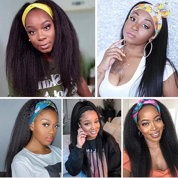 Headband Wigs Human Hair 180% Density 12A Kinky Straight Human Hair Headband Wigs For Black Women Yaki Straight Human Hair Wigs With Headband Attached Half Wig Natural Black Color 20 Inch