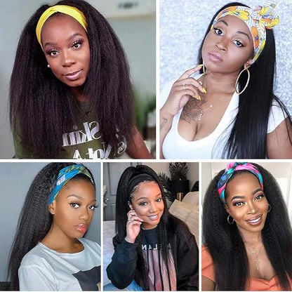 Headband Wigs Human Hair 180% Density 12A Kinky Straight Human Hair Headband Wigs For Black Women Yaki Straight Human Hair Wigs With Headband Attached Half Wig Natural Black Color 20 Inch