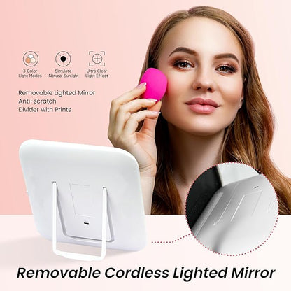 Travel Makeup Bag with Mirror Cosmetic Bag Makeup Artist Bag, 3 Color Scenarios Adjustable Brightness, Makeup Train Case Cosmetic Storage Gift for Daughter Wife Friend Pink