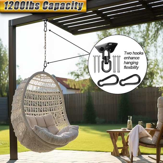 Hammock Hanging Kit, Hanging Chair Hardware 360° Swivel 1200 lb Capacity, Porch Swing Mounting Hardware, Hammock Chair Hanging Kit for Boxing Bag, Tree Gym (Black)