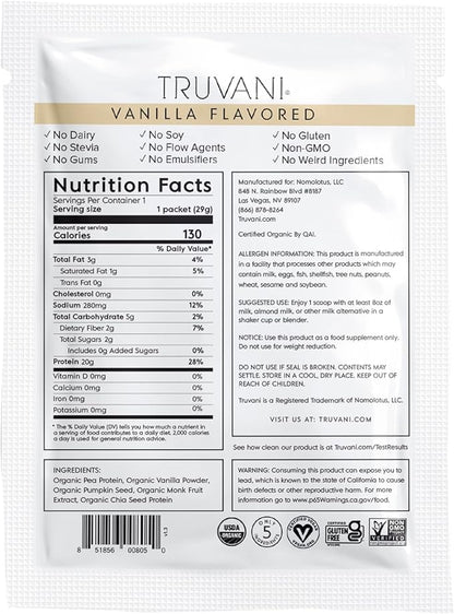 Truvani Vegan Pea Protein Powder | Vanilla | 20g Organic Plant Based Protein | 1 Serving | Keto | Gluten & Dairy Free | Low Carb | No Added Sugar