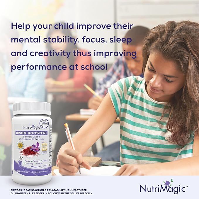 Kids Brain Booster 2IN1 Saffron Extract Nootropic & Multivitamin for Focus, Memory, Attention, Mood - Pure Saffron Gummies for Brain Health Support w/Vitamin D3, B6, B12, Zinc - 60 Gummies