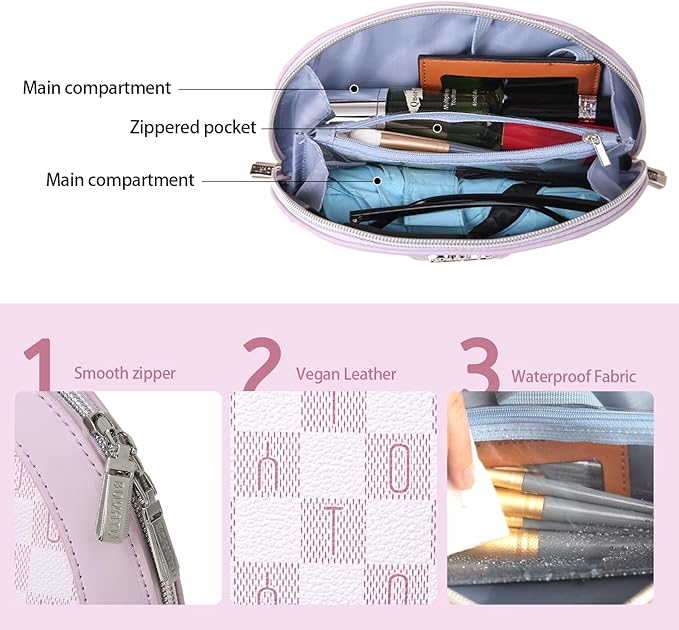Small Makeup Bag for Purse Cosmetic Bag: Checkered Make up Bag for Women - Cute Preppy Skincare Bags for Evening - Waterproof Travel Pouch for Toiletry Organizer with Mirror & Zipper(021-Purple)