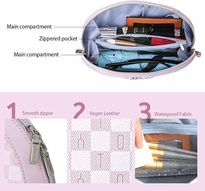 Small Makeup Bag for Purse Cosmetic Bag: Checkered Make up Bag for Women - Cute Preppy Skincare Bags for Evening - Waterproof Travel Pouch for Toiletry Organizer with Mirror & Zipper(021-Purple)