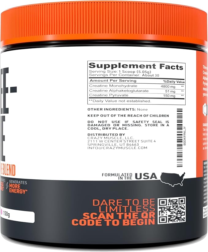 Crazy Muscle Creatine Monohydrate Powder - 5000mg Premium 3X ThreeAtine Pre Workout Mass Gainer - High Absorption Easy-to-Take Powder Optimum Performance for Men & Women - 30 Servings